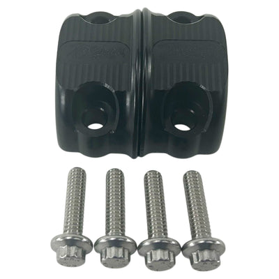 Three TC Bros. Pro Series Clutch & Brake Perch Clamp Sets in black, gold, and silver are aligned in a row above four silver screws on a white background, perfectly suited for Harley Softail, Touring, Dyna, and Sportster handlebars.