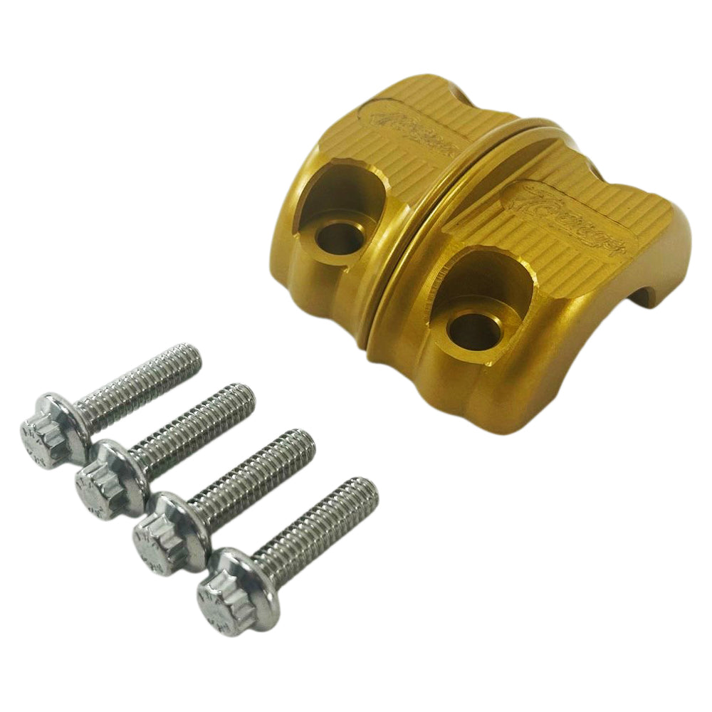 Three TC Bros. Pro Series Clutch & Brake Perch Clamp Sets in black, gold, and silver are aligned in a row above four silver screws on a white background, perfectly suited for Harley Softail, Touring, Dyna, and Sportster handlebars.