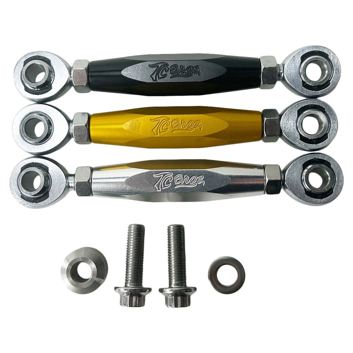 The TC Bros. M8 Softail Adjustable Brake Linkage for Mid Controls includes three adjustable rod end bearings in black, gold, and silver, each with engraved branding. Ideal for Harley Davidson M8 Softail mid controls, the set comprises two bolts, two lock nuts, and two washers for precise adjustments.