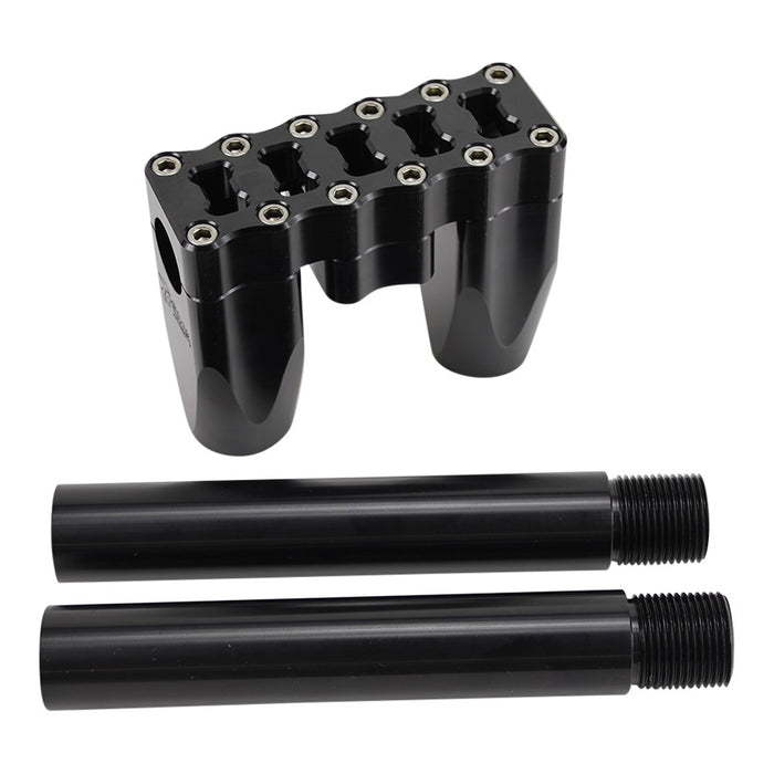 TC Bros. Pro Series Modular Risers for 2022-Up Harley-Davidson Nightster in black and silver, with angled heads and wire channels, are arranged against a white background.