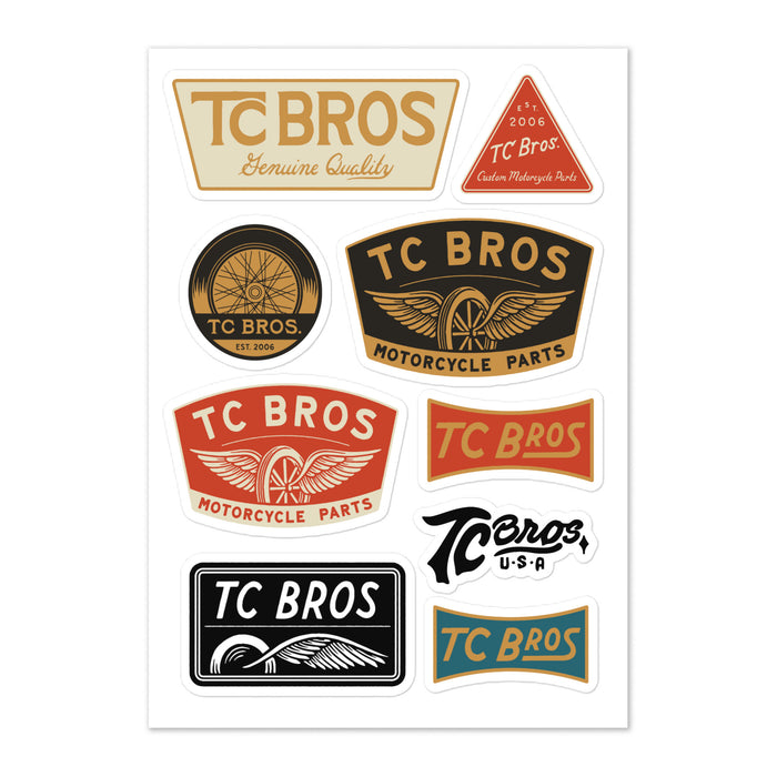 A collection of retro-style TC Bros. designs on a glossy TC Bros. Sticker Sheet featuring motorcycle-themed designs, printed on demand.