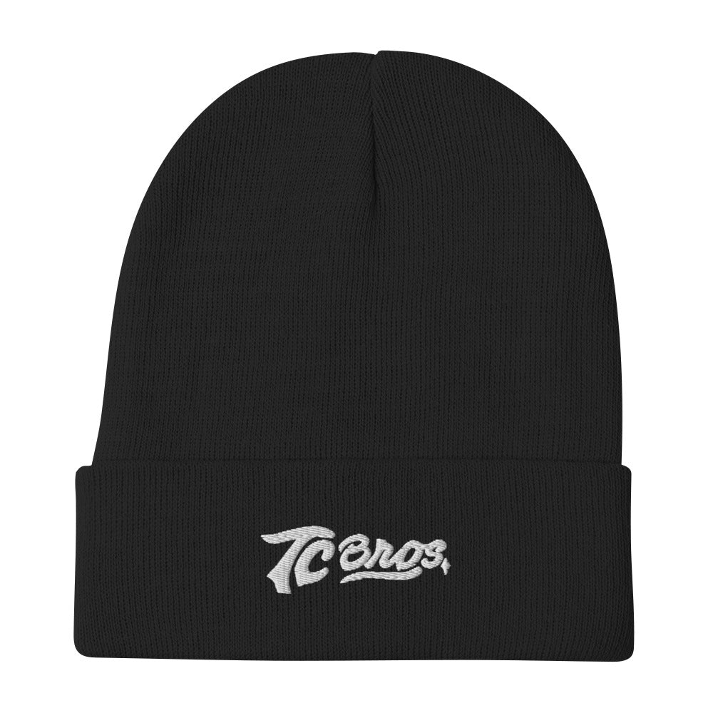 Script Classic Beanie - Black hat by TC Bros. with white embroidered text on the cuff.