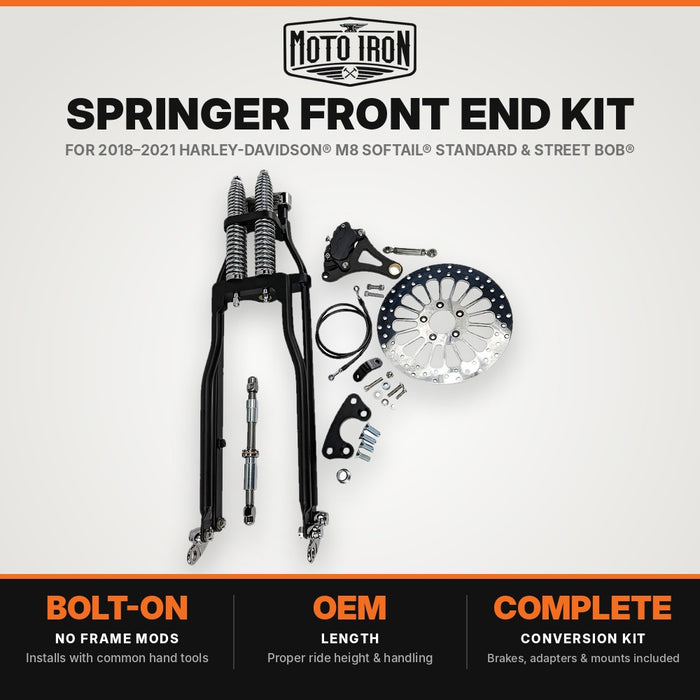 A set of Moto Iron® Springer Front End Kit Harley Davidson 2018-2021 M8 Softail Standard & Street Bob Stock Length Black brake parts for a motorcycle.