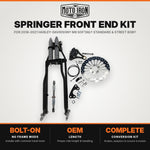 A set of Moto Iron® Springer Front End Kit Harley Davidson 2018-2021 M8 Softail Standard & Street Bob Stock Length Black brake parts for a motorcycle.