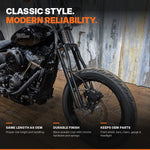 A set of Moto Iron® Springer Front End Kit Harley Davidson 2018-2021 M8 Softail Standard & Street Bob Stock Length Black brake parts for a motorcycle.