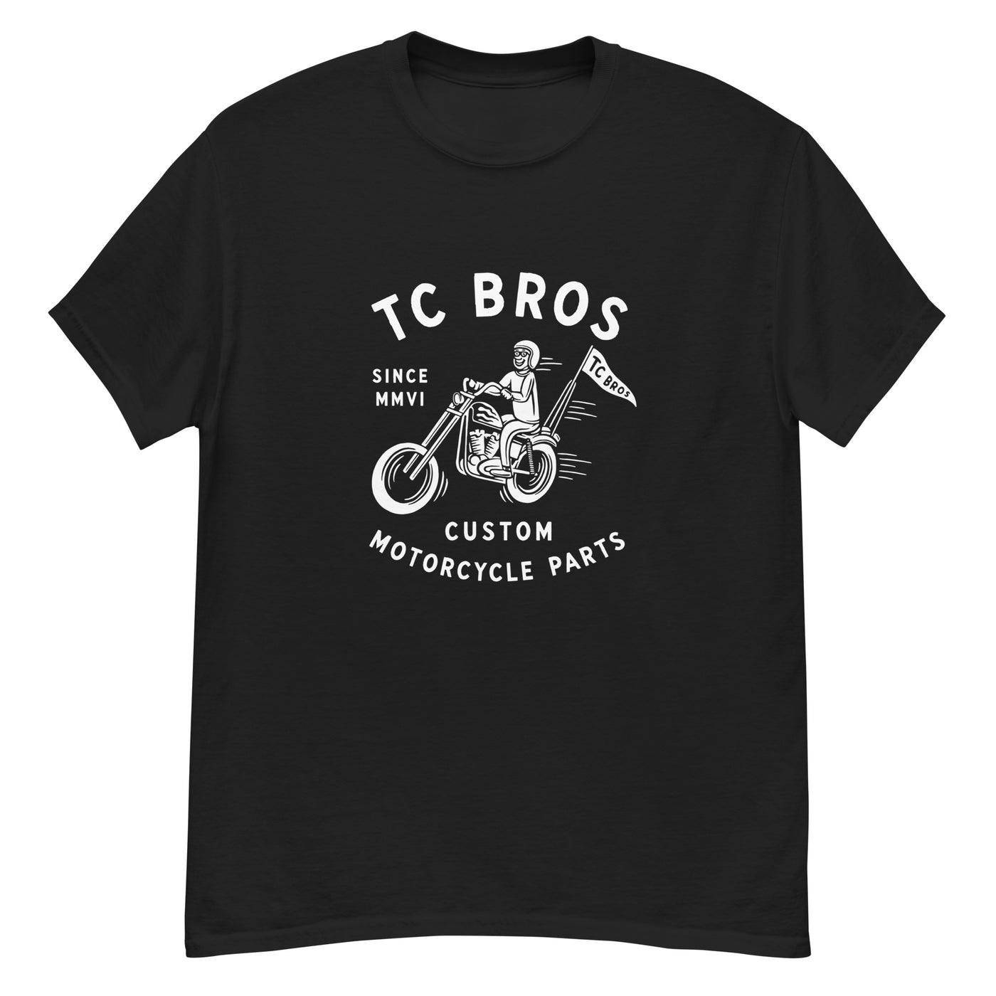 TC Bros. Rider - Black Tee with a vintage motorcycle print and the text "tc bros, since MMVI, custom motorcycle parts", crafted from ring-spun cotton.