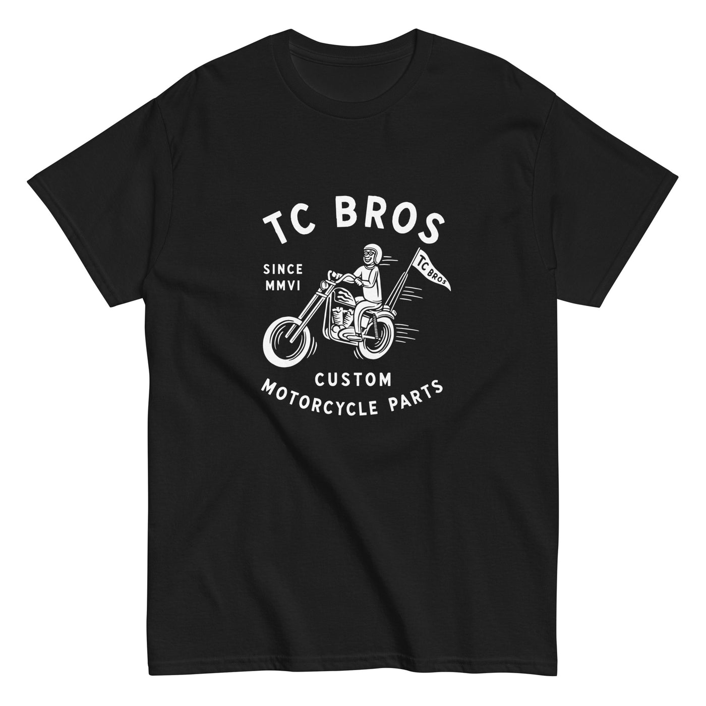 TC Bros. Rider - Black Tee with a vintage motorcycle print and the text "tc bros, since MMVI, custom motorcycle parts", crafted from ring-spun cotton.