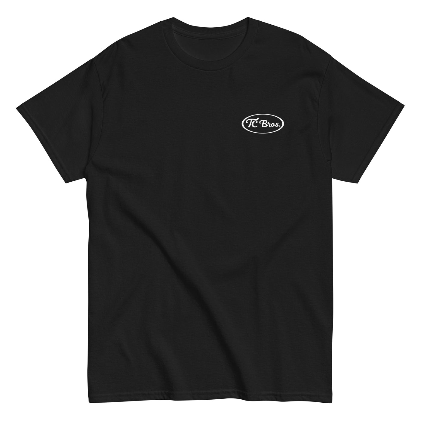 Pete - Black Tee crafted from ring-spun cotton, featuring a small white TC Bros. logo on the left chest area.