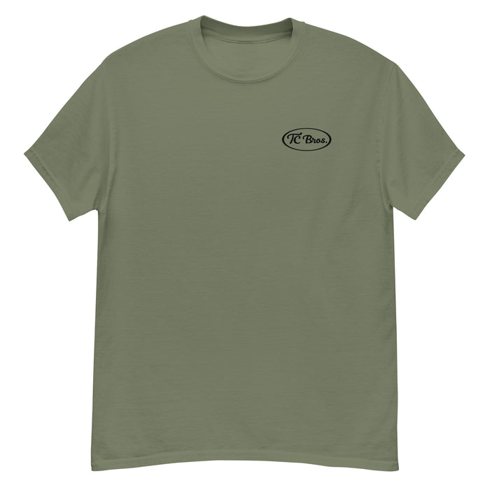 Plain olive green staple Pete - Military Green Tee with a small black logo on the left chest, printed on demand by TC Bros.