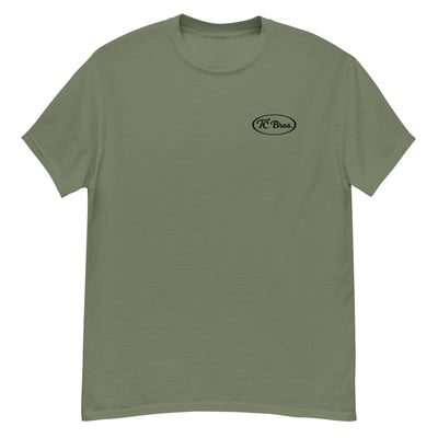 Plain olive green staple Pete - Military Green Tee with a small black logo on the left chest, printed on demand by TC Bros.