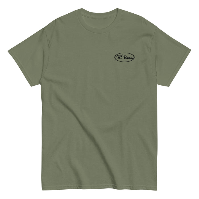 Plain olive green staple Pete - Military Green Tee with a small black logo on the left chest, printed on demand by TC Bros.