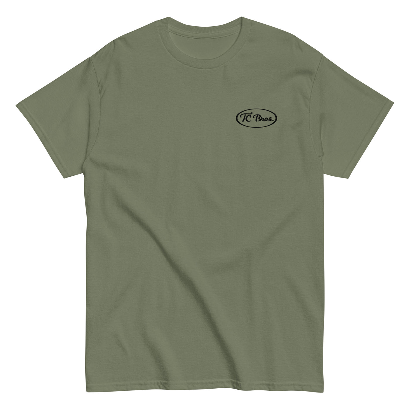 Plain olive green staple Pete - Military Green Tee with a small black logo on the left chest, printed on demand by TC Bros.