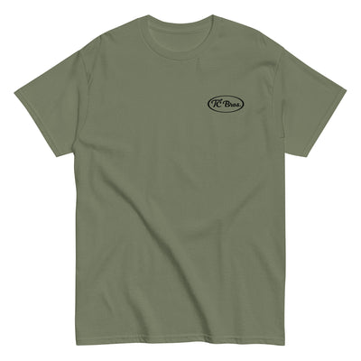 Plain olive green staple Pete - Military Green Tee with a small black logo on the left chest, printed on demand by TC Bros.