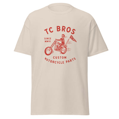 Beige Rider - Natural Tee with red TC Bros custom motorcycle parts logo featuring a vintage motorcycle and rider, printed on demand.