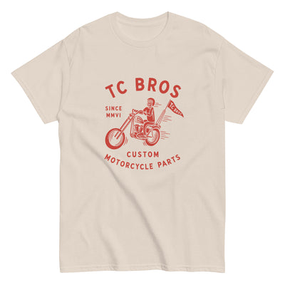 Beige Rider - Natural Tee with red TC Bros custom motorcycle parts logo featuring a vintage motorcycle and rider, printed on demand.