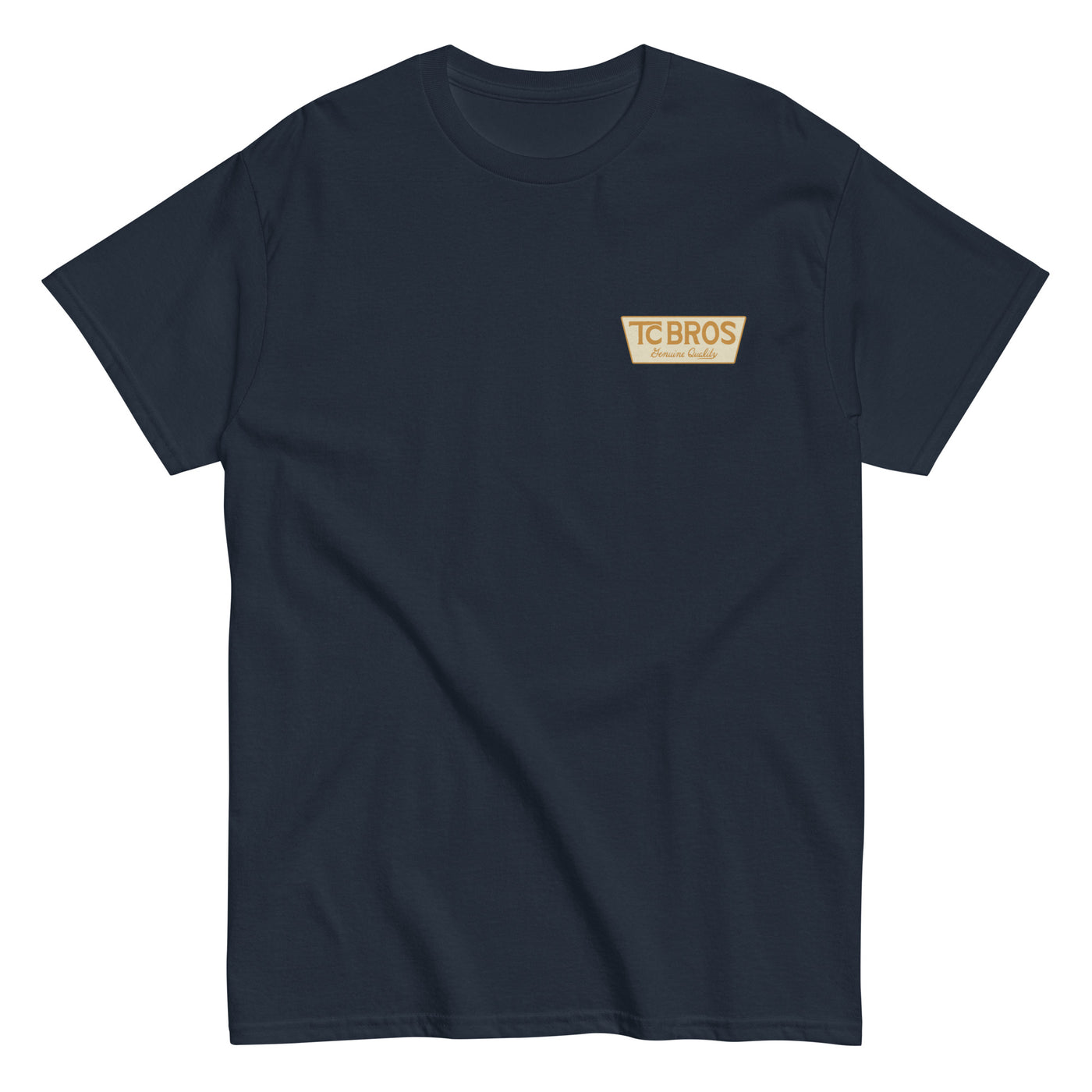 Genuine Quality - Navy Tee with a small TC Bros logo on the left chest area, made of ring-spun cotton.