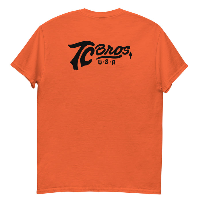 Orange Script - Orange Tee (Front/Back Print) staple t-shirt with a small black logo on the left chest area, printed on demand by TC Bros.