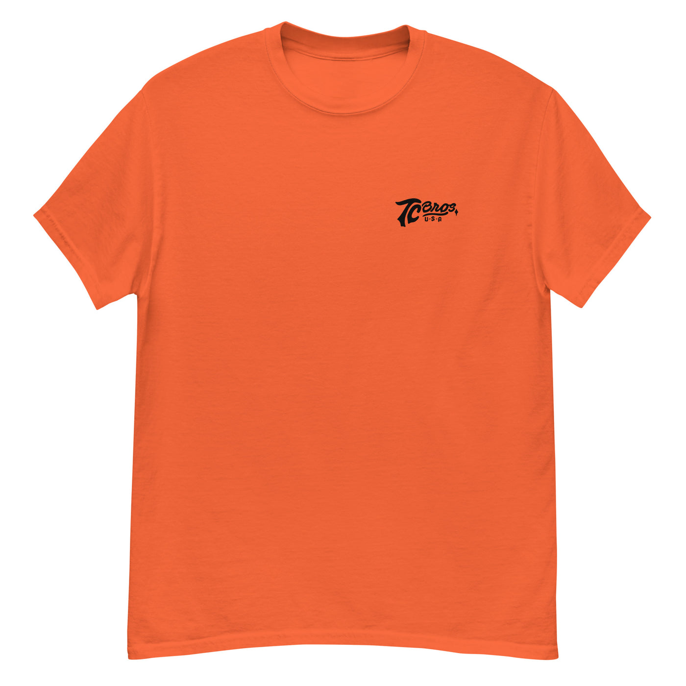 Orange Script - Orange Tee (Front/Back Print) staple t-shirt with a small black logo on the left chest area, printed on demand by TC Bros.