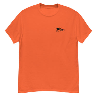 Orange Script - Orange Tee (Front/Back Print) staple t-shirt with a small black logo on the left chest area, printed on demand by TC Bros.