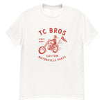 TC Bros. Rider - White Tee with red graphic of a motorcycle rider and text "TC Bros since MMVI custom motorcycle parts," printed on demand.