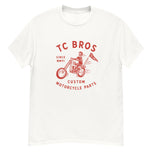 TC Bros. Rider - White Tee with red graphic of a motorcycle rider and text "TC Bros since MMVI custom motorcycle parts," printed on demand.