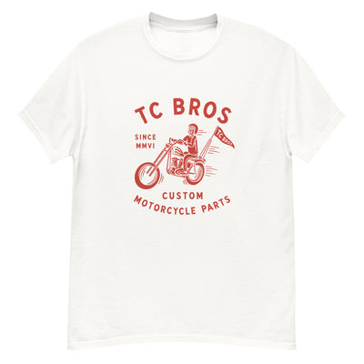 TC Bros. Rider - White Tee with red graphic of a motorcycle rider and text "TC Bros since MMVI custom motorcycle parts," printed on demand.