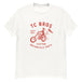 TC Bros. Rider - White Tee with red graphic of a motorcycle rider and text "TC Bros since MMVI custom motorcycle parts," printed on demand.