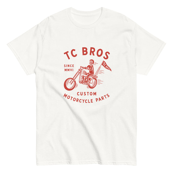 TC Bros. Rider - White Tee with red graphic of a motorcycle rider and text "TC Bros since MMVI custom motorcycle parts," printed on demand.