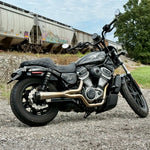 TC Bros. Pro Series Modular Risers for 2022-Up Harley-Davidson Nightster in black and silver, with angled heads and wire channels, are arranged against a white background.