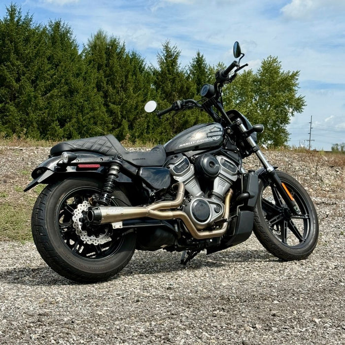TC Bros. Pro Series Modular Risers for 2022-Up Harley-Davidson Nightster in black and silver, with angled heads and wire channels, are arranged against a white background.