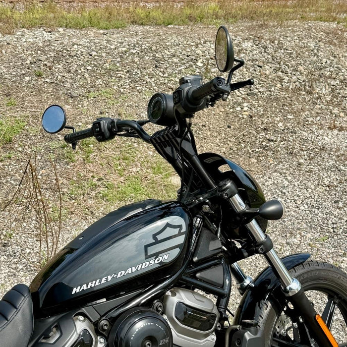 TC Bros. Pro Series Modular Risers for 2022-Up Harley-Davidson Nightster in black and silver, with angled heads and wire channels, are arranged against a white background.