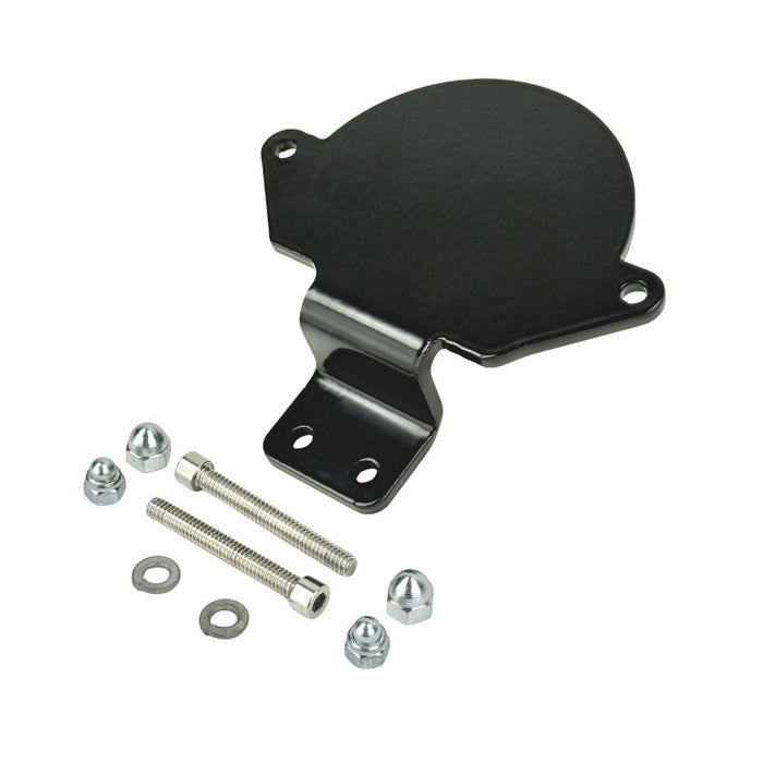 Two black metal mounting brackets for the TC Bros. Gauge Relocation Bracket for 2022-Up Harley-Davidson Nightster, shown with screws, washers, and nuts on a white background.