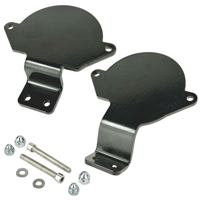 Two black metal mounting brackets for the TC Bros. Gauge Relocation Bracket for 2022-Up Harley-Davidson Nightster, shown with screws, washers, and nuts on a white background.