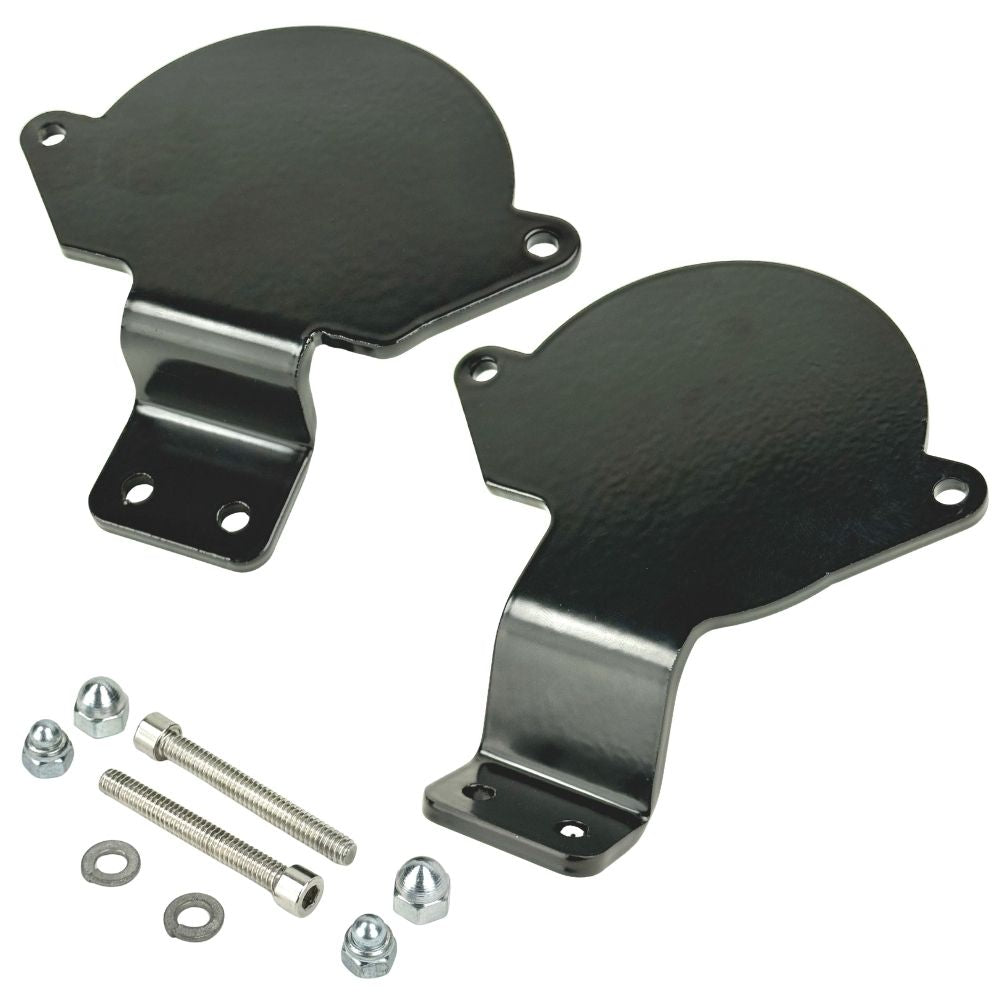 Two black metal mounting brackets for the TC Bros. Gauge Relocation Bracket for 2022-Up Harley-Davidson Nightster, shown with screws, washers, and nuts on a white background.