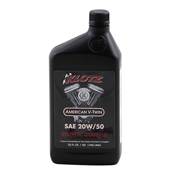 A black bottle of Klotz 20W-50 Premium American V-Twin Synthetic Engine Oil with TechniPlate advanced lubricant technology and a silver motorcycle engine graphic on the label. Designed for V-Twin air-cooled engines, the bottle has a screw cap and contains 32 fl oz (1 quart) of product.