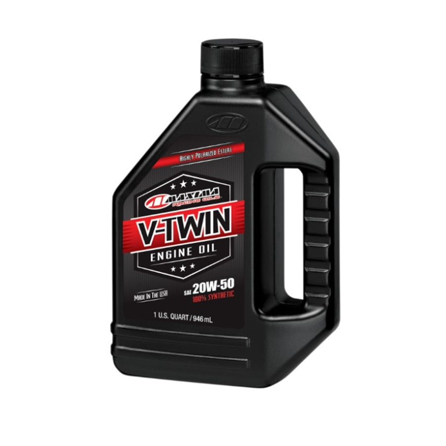 A bottle with red text and a black label, filled with Maxima 20w-50 Full Synthetic V-Twin Oil from the brand Maxima.