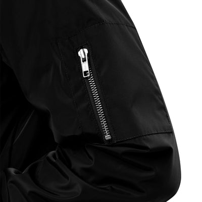 TC Bros. black bomber jacket, made of recycled polyester, with zipper and logo on the left chest.