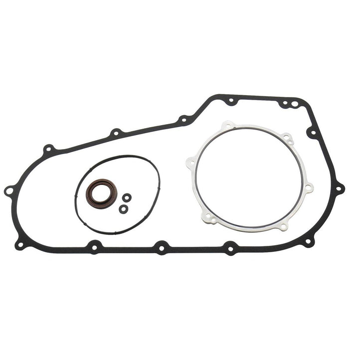 The Moto Iron® Twin Cam Primary Cover Gasket Kit for 2006-2017 Harley-Davidson Dyna and Softail includes a large gasket, round gasket, small circular seal, and O-rings, all shown on a white background.