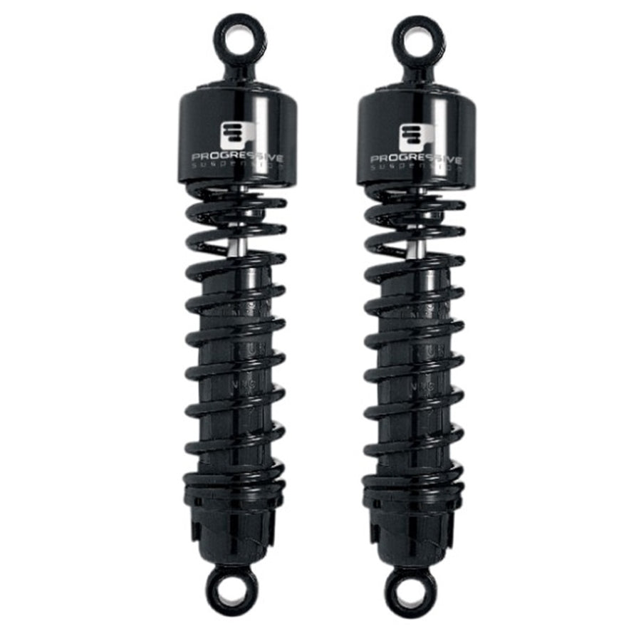 A black Progressive Suspension 412 Series Shocks 13" Standard coil spring on a white background, fitting perfectly with the Harley-Davidson Sportster and FXR motorcycles.