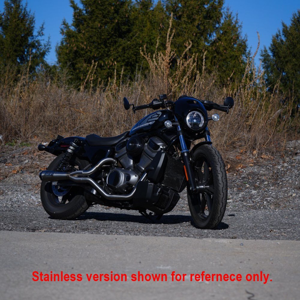 A black Two Brothers Comp S Black 2 into 1 Exhaust for Harley Nightster RH975 2022-UP on a white background.