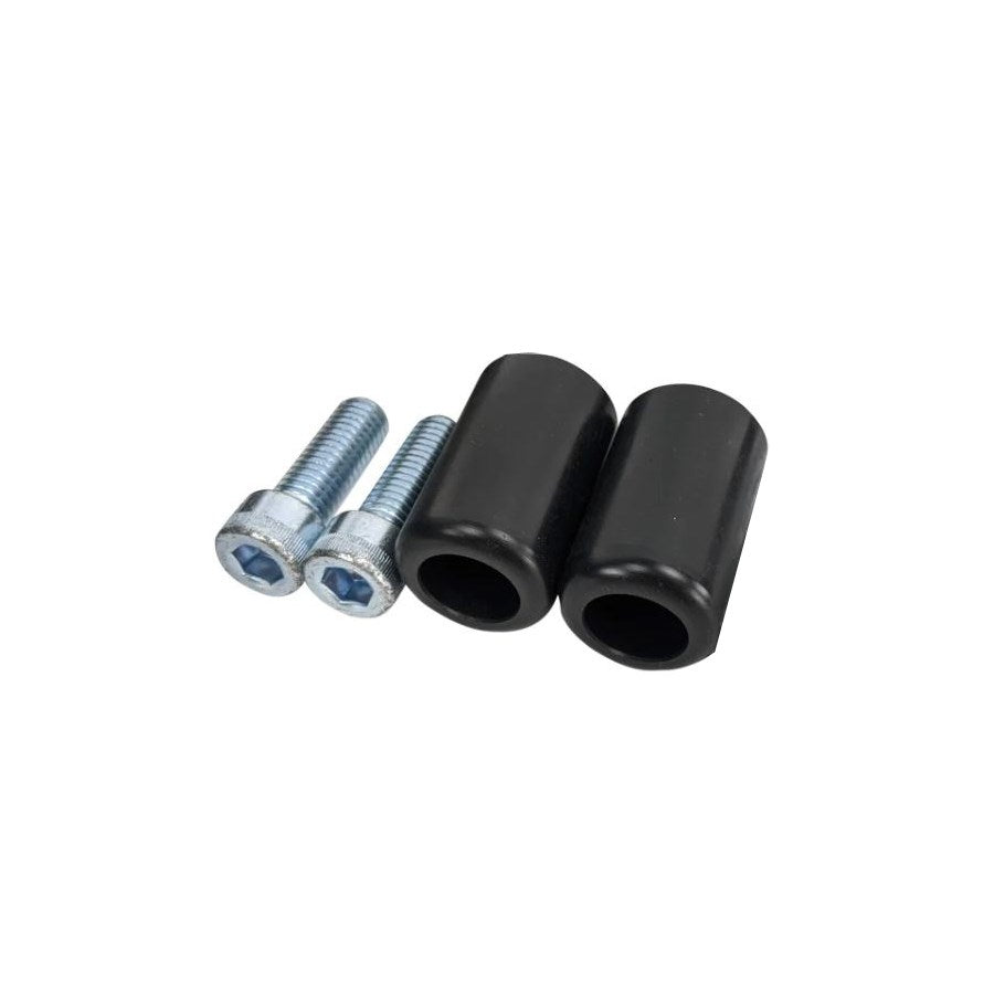 A pair of black TC Bros. rubber hoses with CNC machined bolts on a white background.
