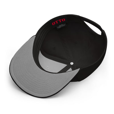 Black Script Flat Bill Snapback Hat with a TC Bros. logo on the front, printed on demand.