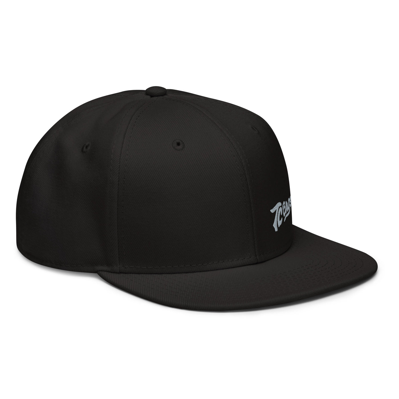 Black Script Flat Bill Snapback Hat with a TC Bros. logo on the front, printed on demand.