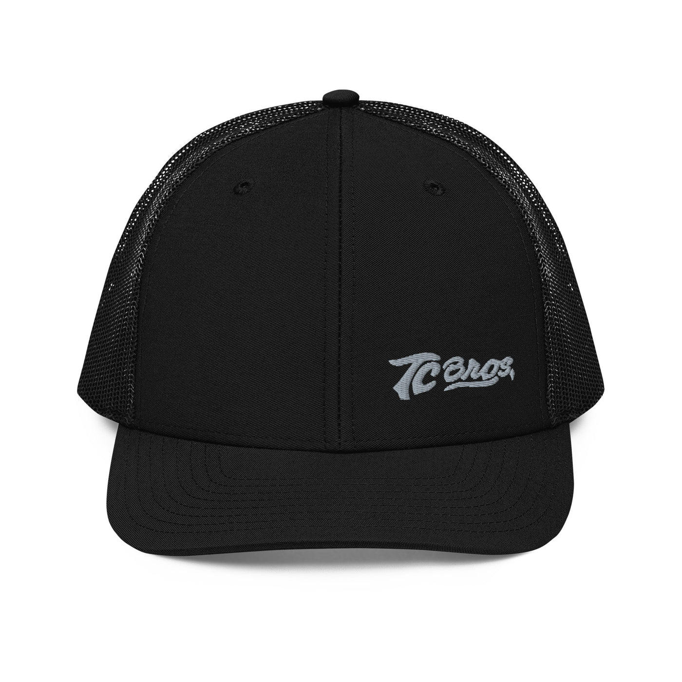 Black mesh-back snapback with white cursive TC Bros logo on the front.