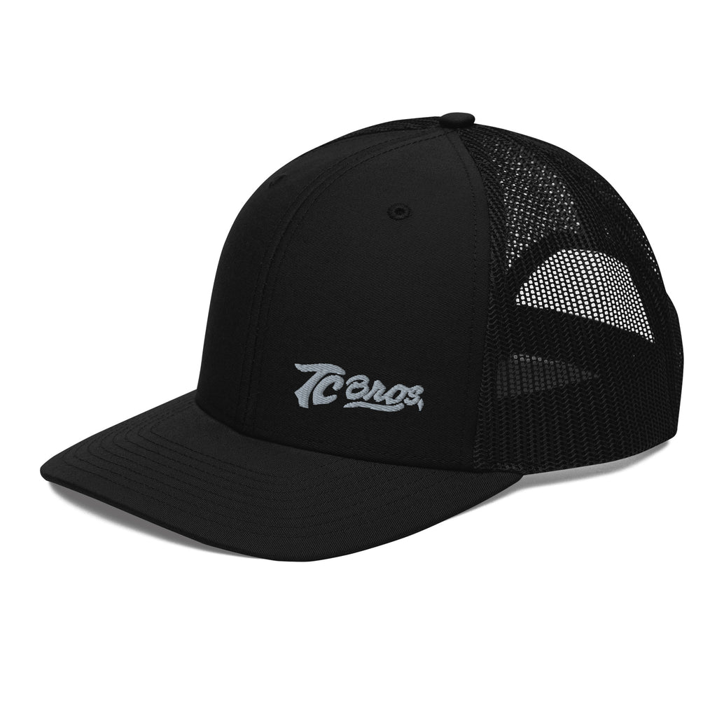 Black mesh-back snapback with white cursive TC Bros logo on the front.