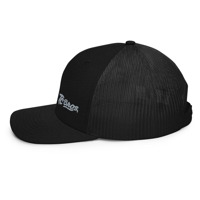 Black mesh-back snapback with white cursive TC Bros logo on the front.