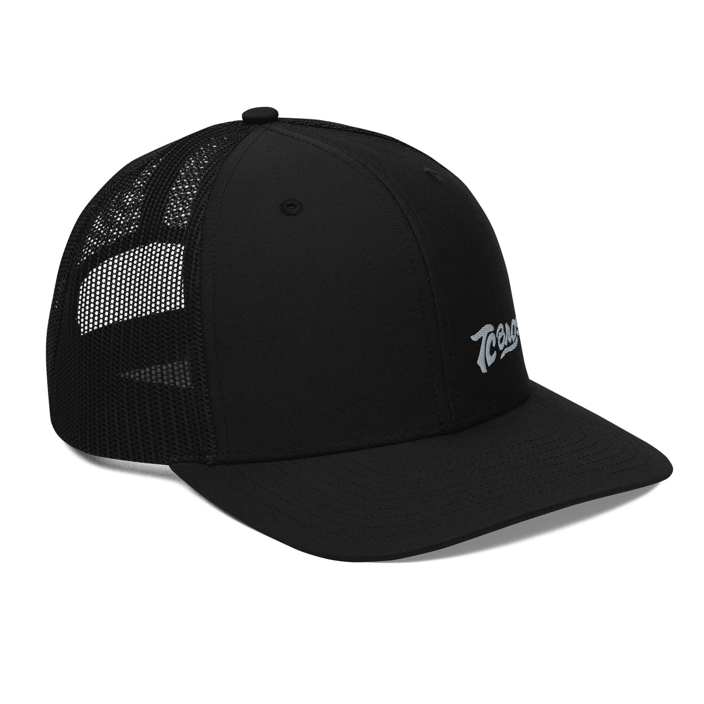 Black mesh-back snapback with white cursive TC Bros logo on the front.