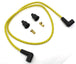 A Wyatt Gatling Cloth Braided Spark Plug Wire Kit 7mm - Yellow w/Blue Tracer with black handles, perfect for high-performance motor applications.
