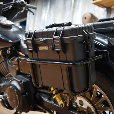 Two Speedwell Vigilante Saddlebags with sturdy handles and robust clasps, displayed against a plain white background.