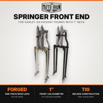 Two Moto Iron® Springer Front Ends for Harley-Davidson frames with 1" necks—one chrome, one black—are displayed side by side with a metal rod and two small parts. Ideal for custom Harley-Davidson springer setups.